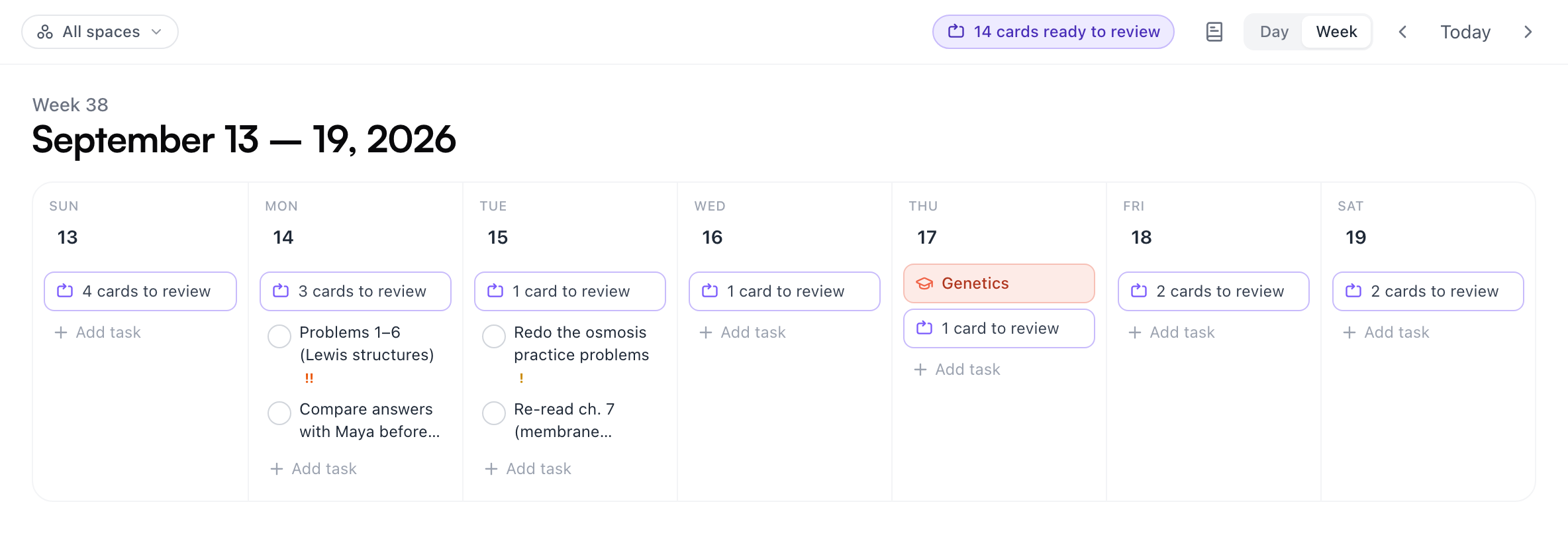Week view — each day with its review count and an Add task line, tasks on Monday and Tuesday, and Thursday carrying the Genetics exam