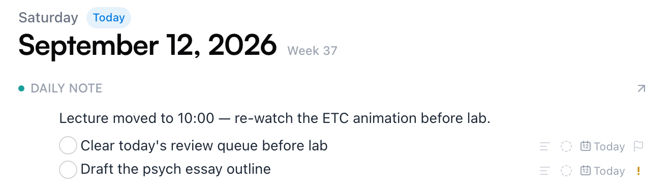 Today's daily note — a line about the day, with two task checkboxes underneath