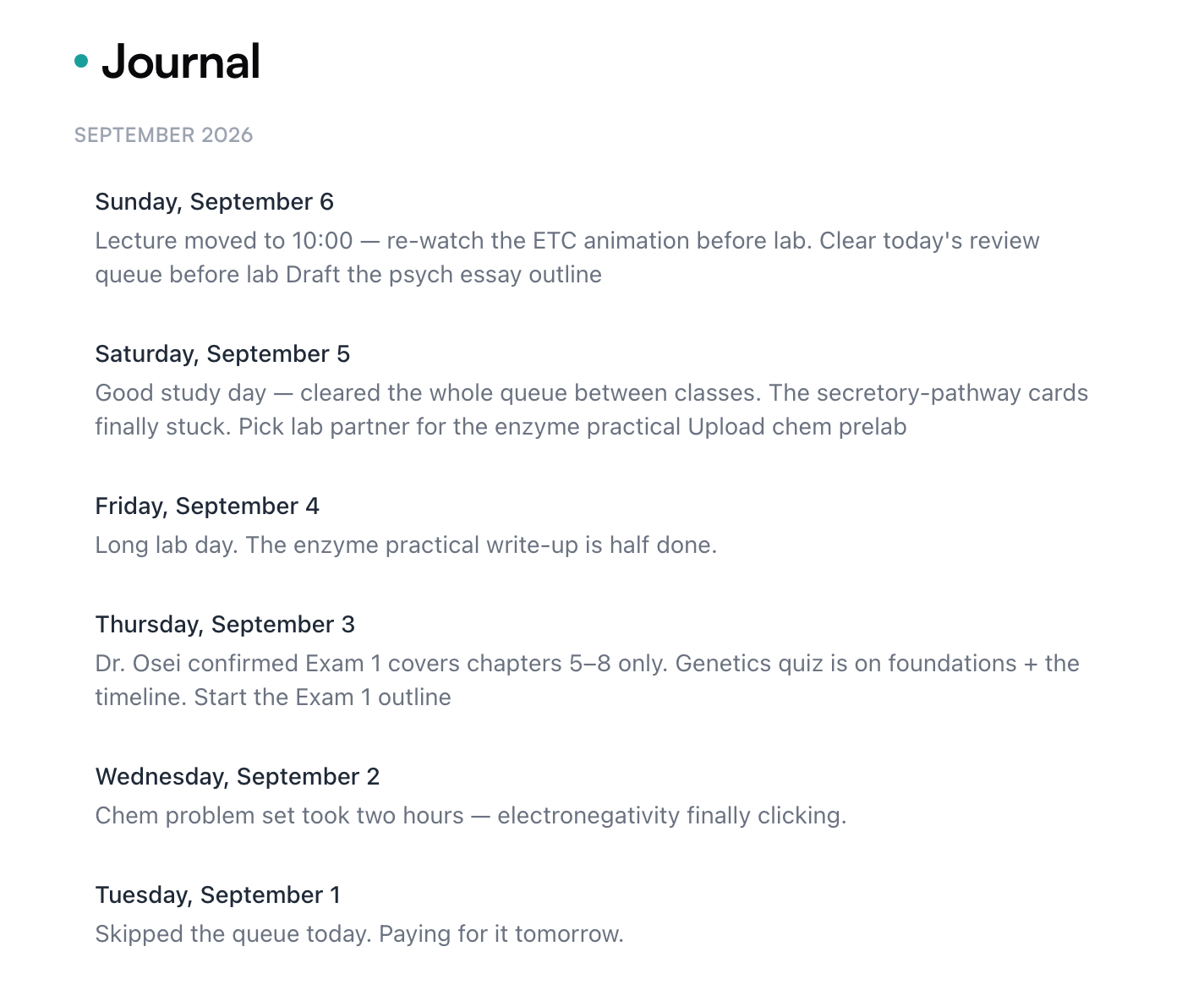 The Journal — daily notes in a single list, newest first