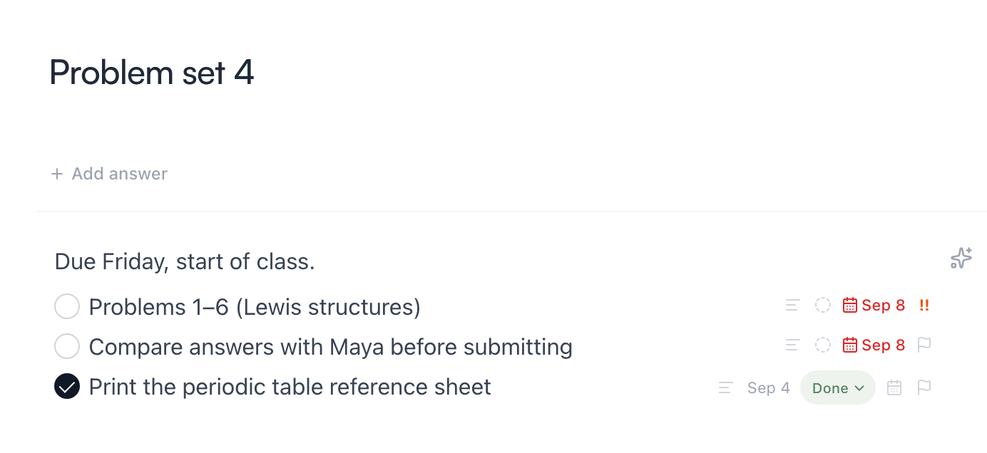 A note with three round task checkboxes — two open with dates and priority, one completed showing a Done pill
