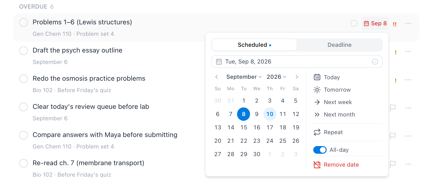 The date panel — Scheduled and Deadline tabs, a calendar, presets like Today and Tomorrow, and the Repeat and All-day rows