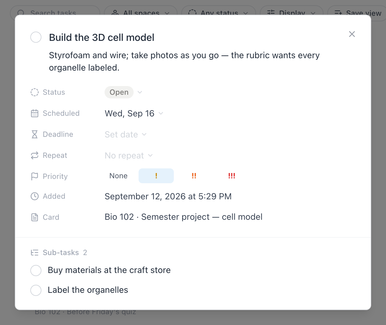 The task detail view — status, scheduled date, repeat, priority, added date, source note, and a sub-tasks list