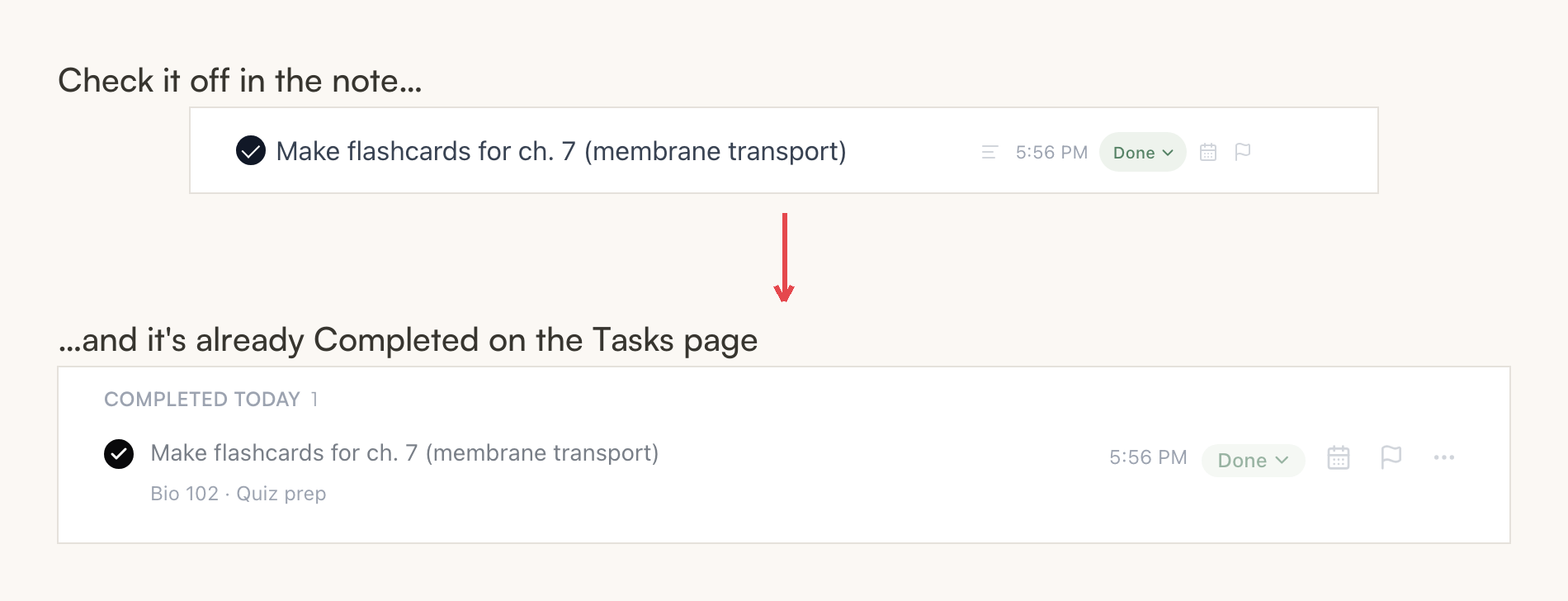 The same task shown twice — checked off in its note, and appearing under Completed today on the Tasks page with the same timestamp