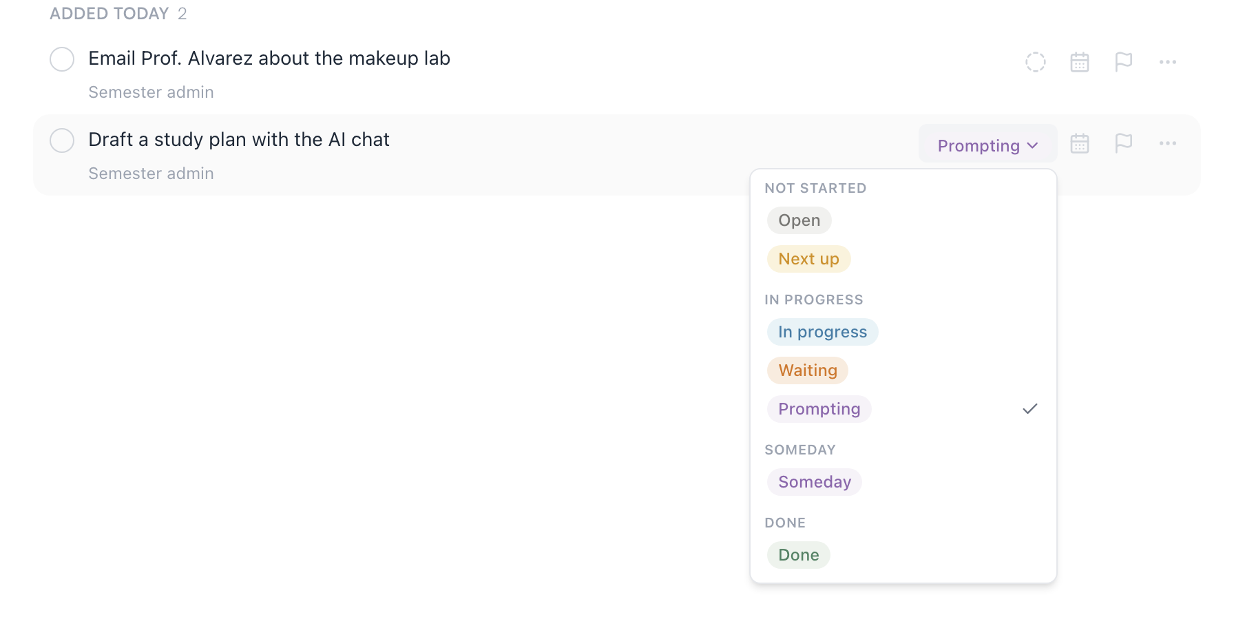 The status picker open on a task, showing pills grouped under Not started, In progress, Someday, and Done, including custom Waiting and Prompting labels