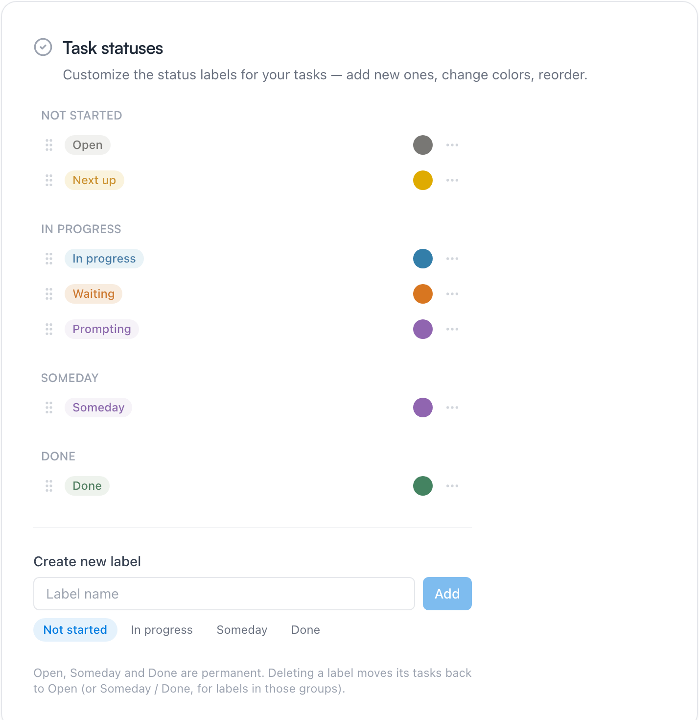 The Task statuses section in Settings — labels grouped under Not started, In progress, Someday, and Done, with custom Waiting and Prompting labels and a Create new label field
