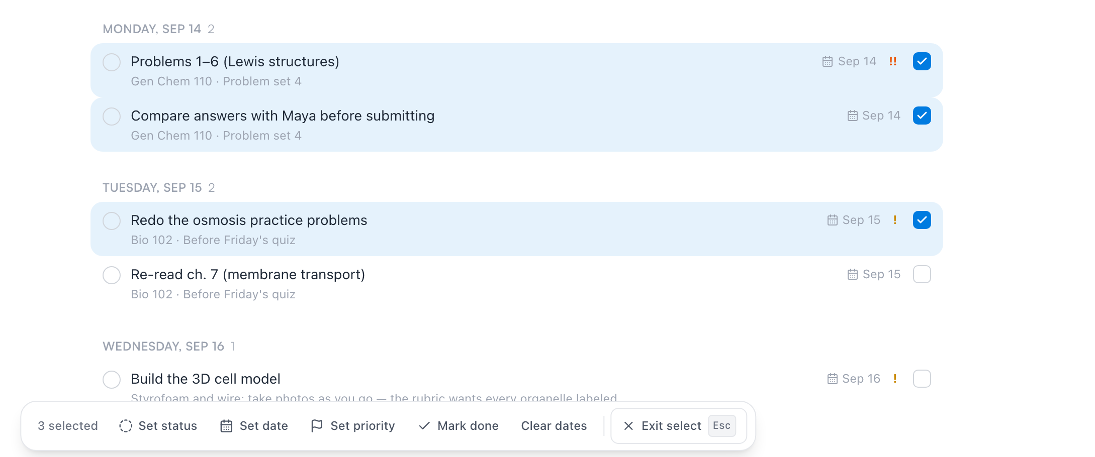 Three tasks selected on the Upcoming tab, with the bulk bar showing Set status, Set date, Set priority, Mark done, and Clear dates