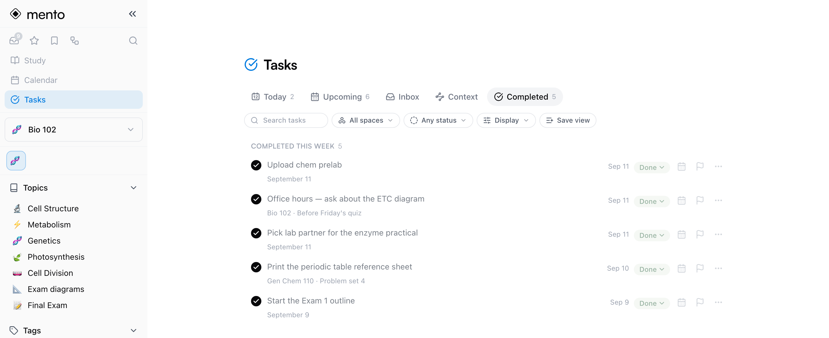 The Completed tab — checked-off tasks with Done pills, grouped under Completed this week