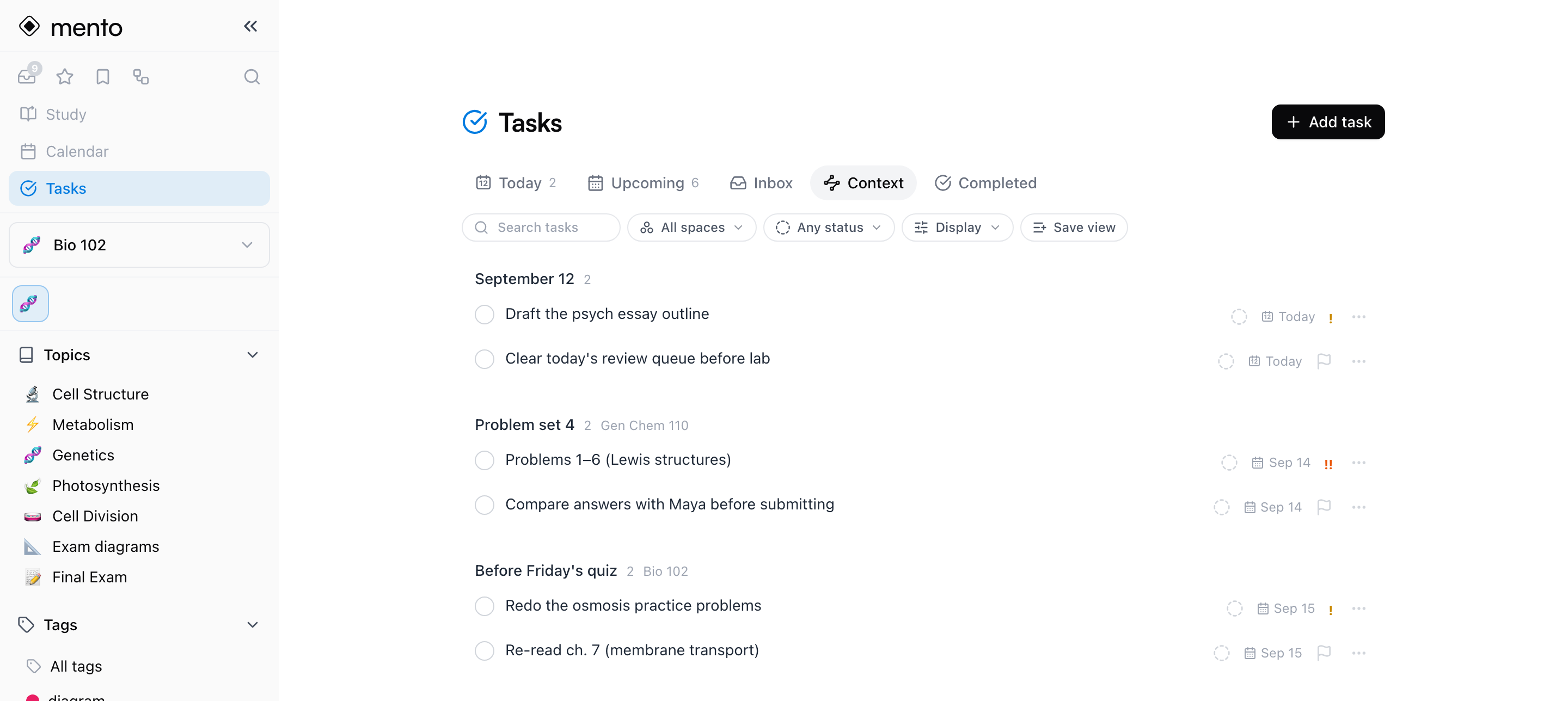 The Context tab — tasks grouped under their source notes, each header showing the note and its space