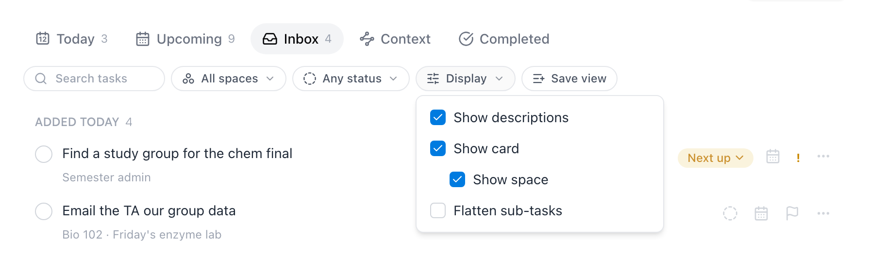 The Display menu open — Show descriptions, Show card, Show space, and Flatten sub-tasks switches