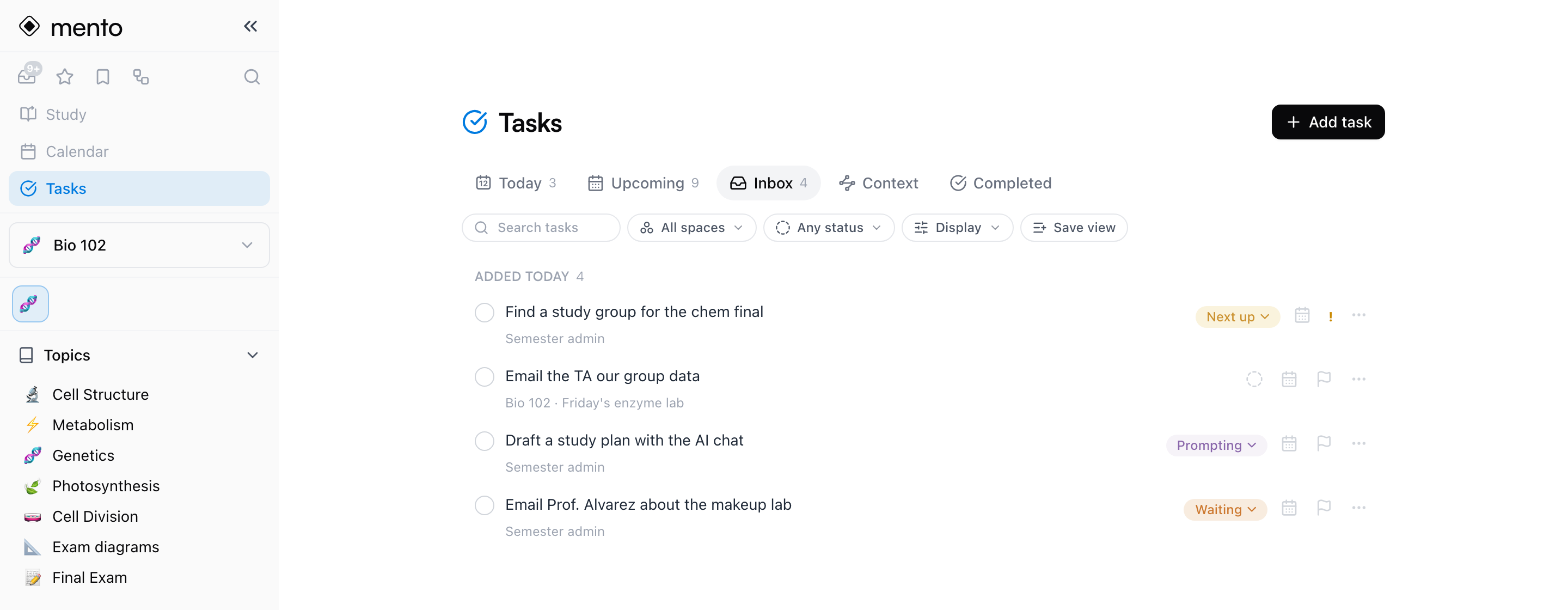 The Inbox tab — undated tasks grouped under Added today, showing status pills like Next up, Prompting, and Waiting