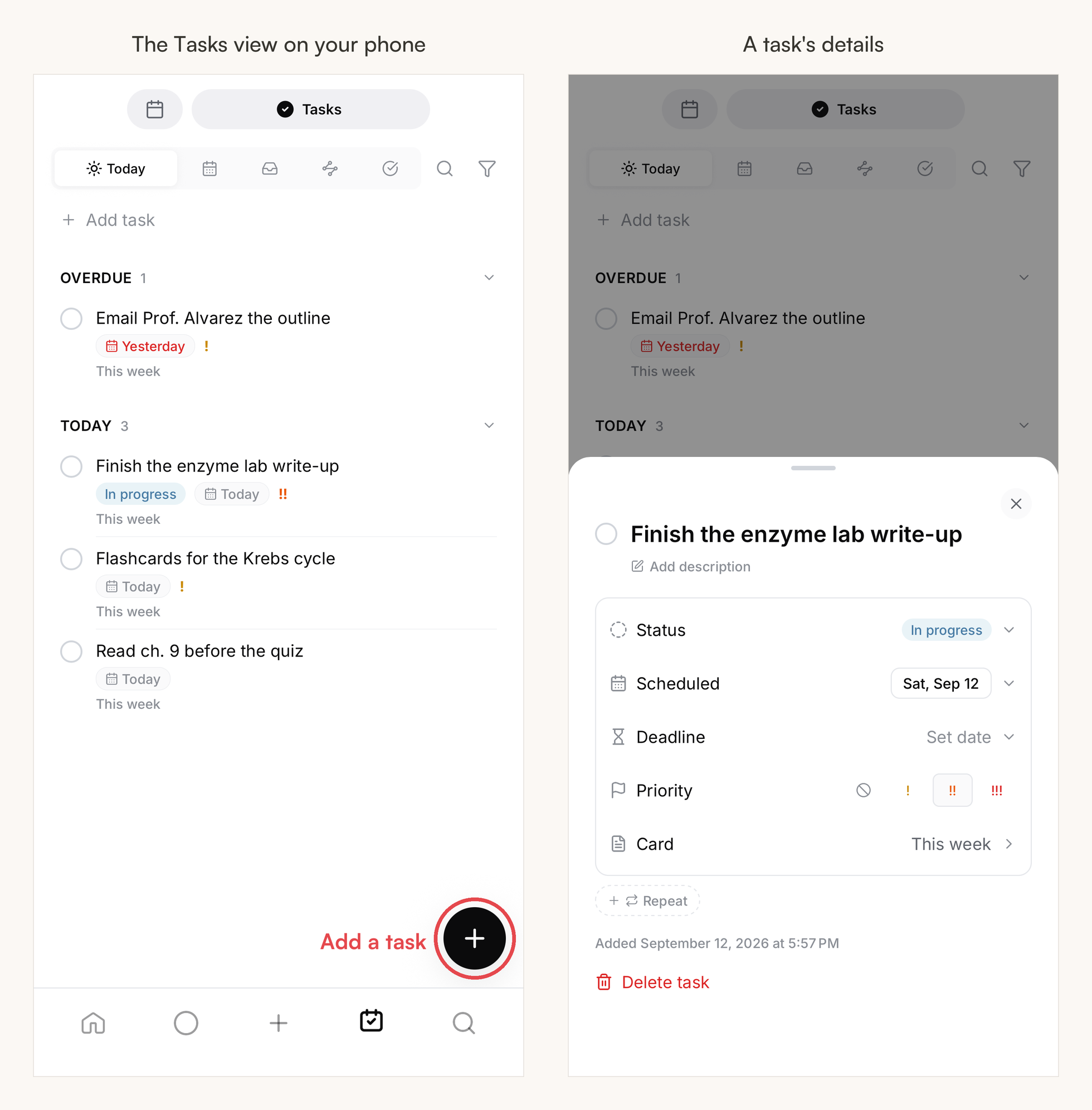 Two phone screens — the Tasks view with the round add-task button circled in the corner, and a task's detail sheet with status, dates, priority, and repeat