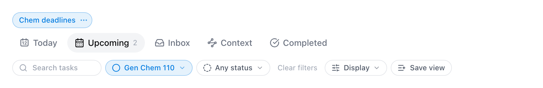 A saved view chip named Chem deadlines above the tabs, with the space filter active below