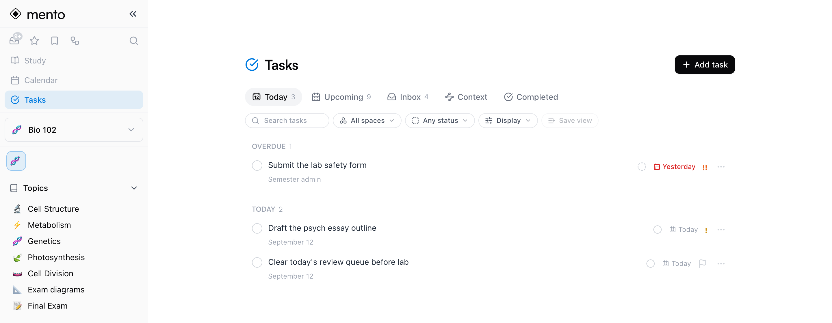 The Today tab — an overdue task pinned in red above today's tasks