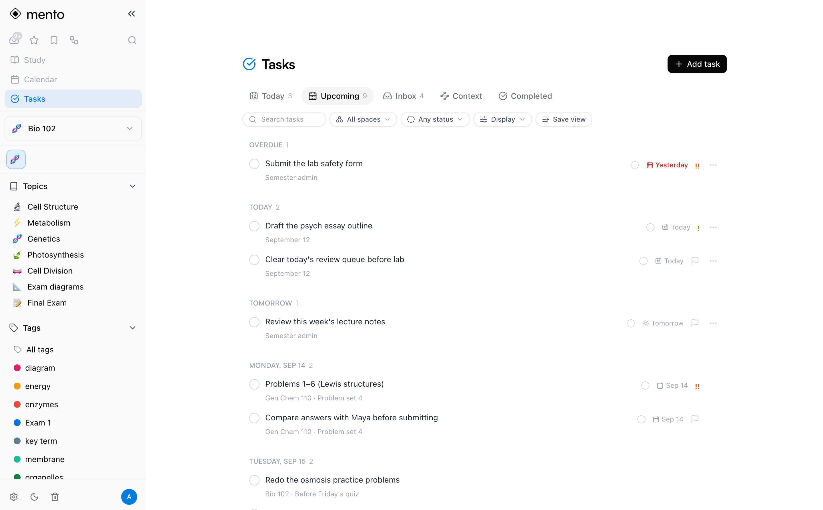 The Upcoming tab — Overdue, Today, Tomorrow, and per-day sections in chronological order