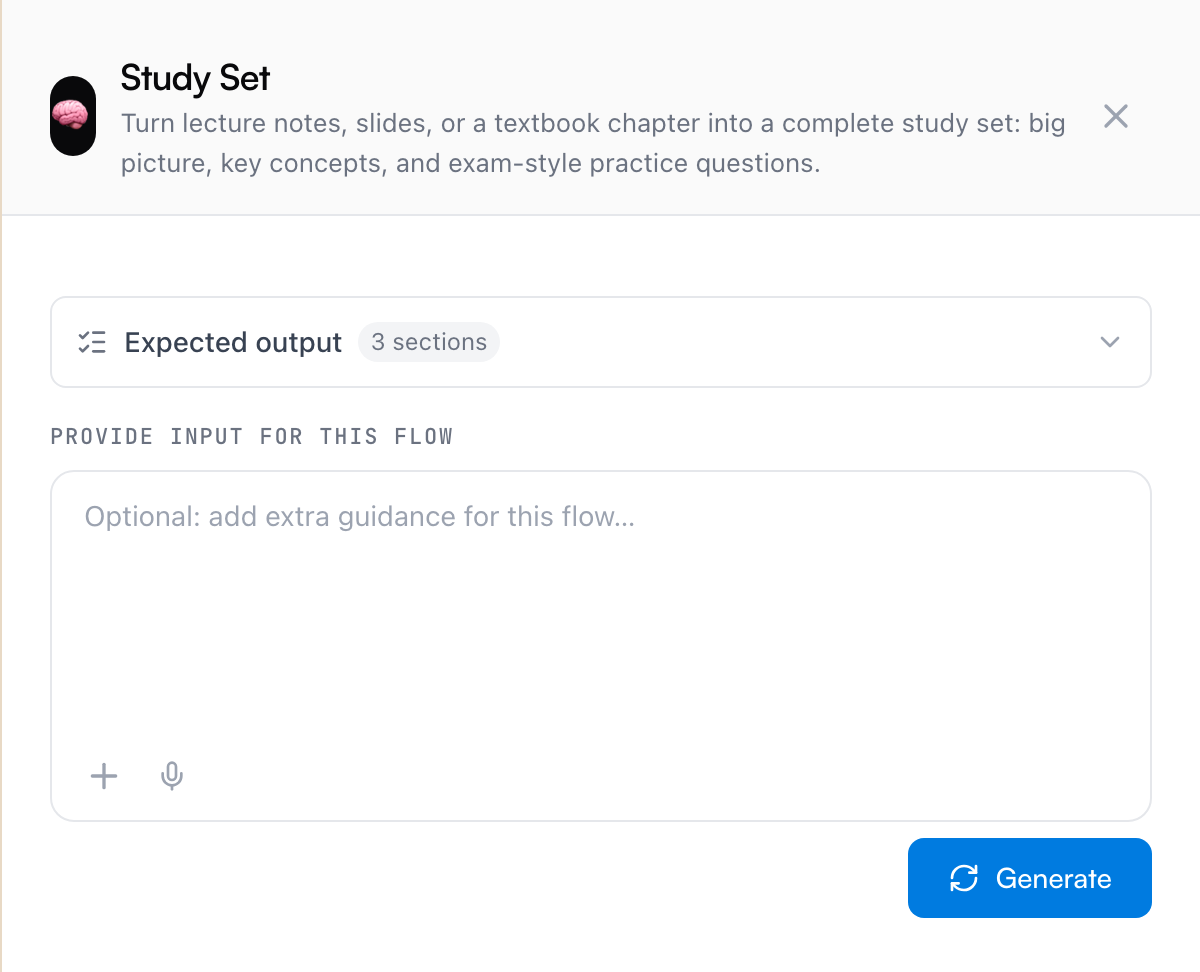 A flow's run surface — the Expected output list, an optional guidance box with an attach button, and the Generate button
