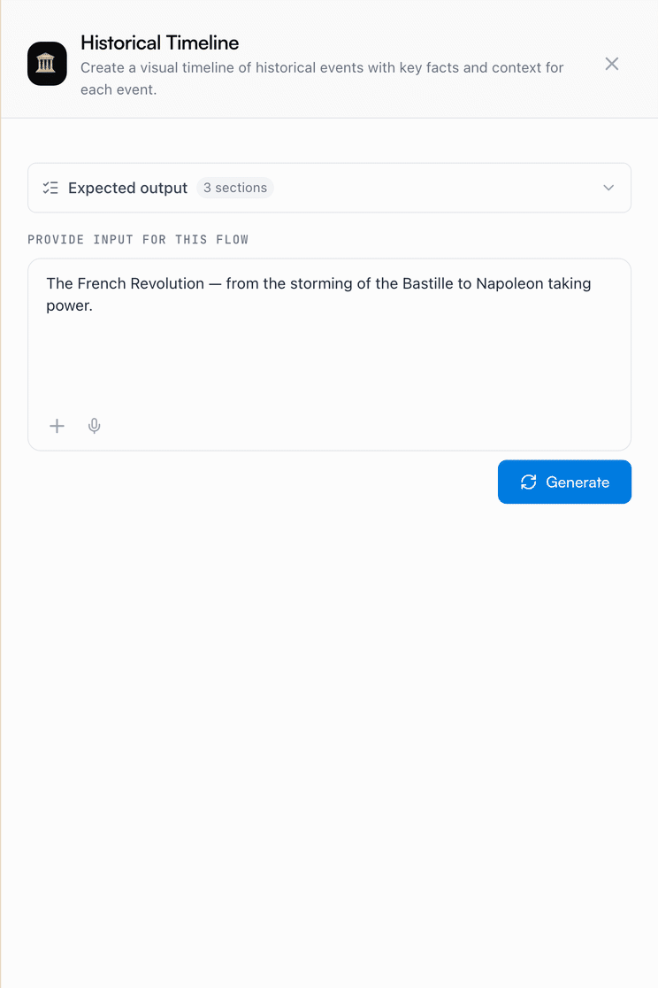 A flow run from start to finish — guidance typed in, Generate, and the preview arriving