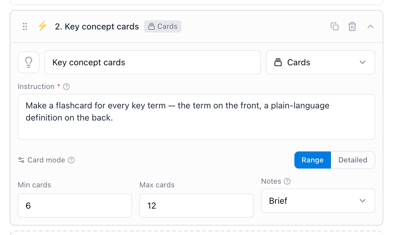 An action being edited — Cards outcome, an instruction, and a Range of 6 to 12 cards