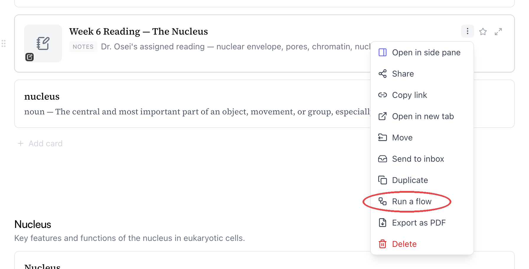 A card's ⋯ menu open on a reading card, with the Run a flow option circled