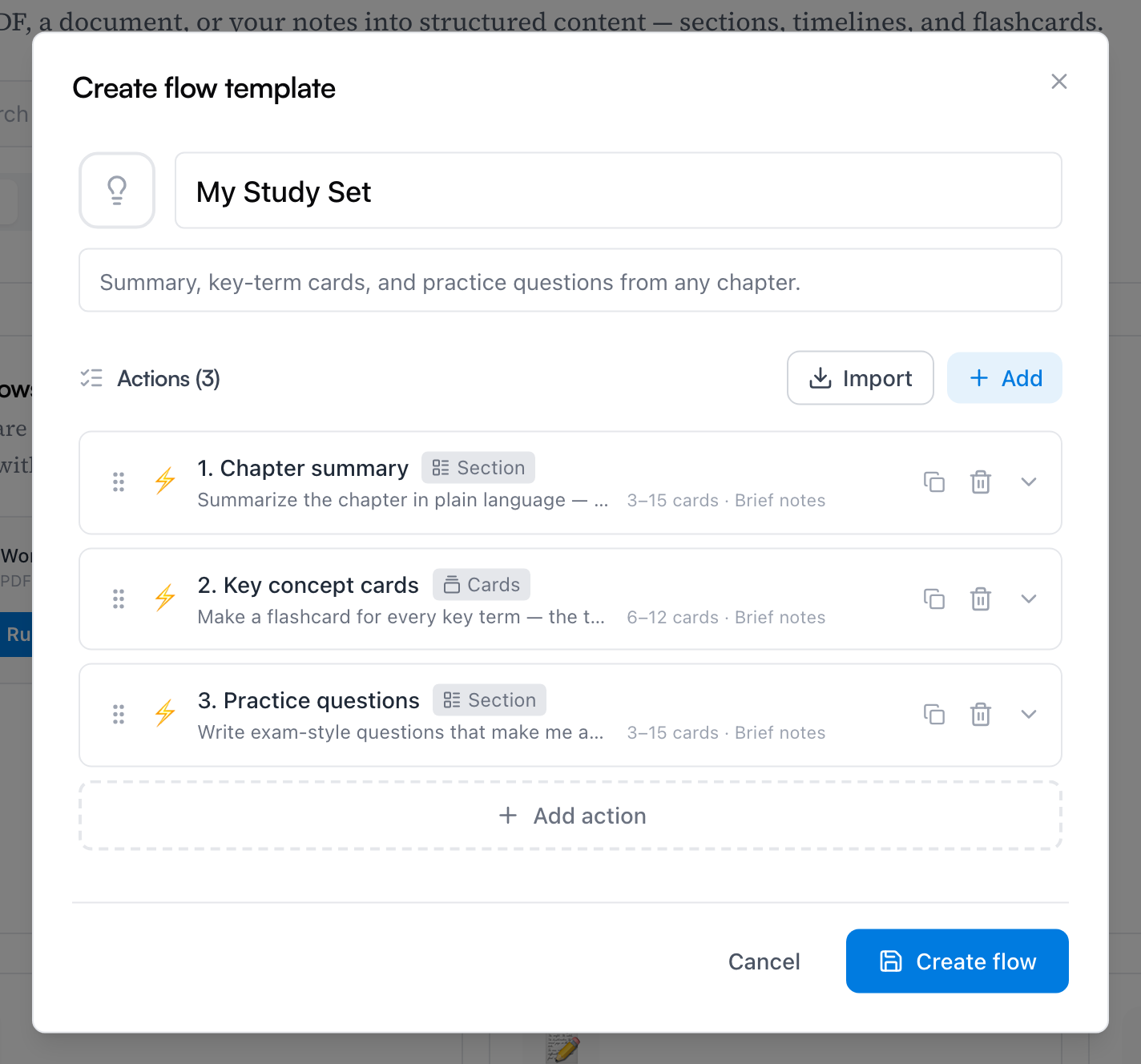 The Create flow template modal — a three-action recipe: a summary section, key-concept cards, and practice questions