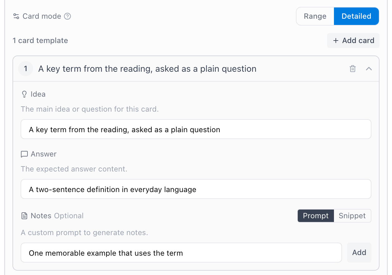 An action in Detailed card mode — one template with its Idea, Answer, and Notes prompts filled in