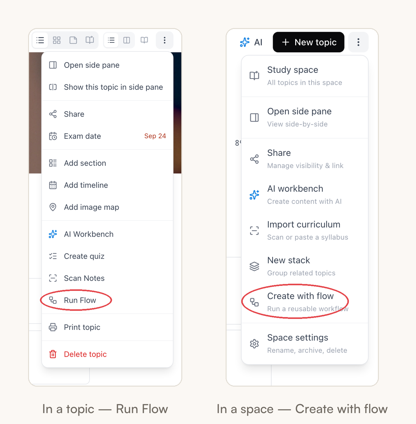 The topic menu and the space menu side by side, with Run Flow and Create with flow circled