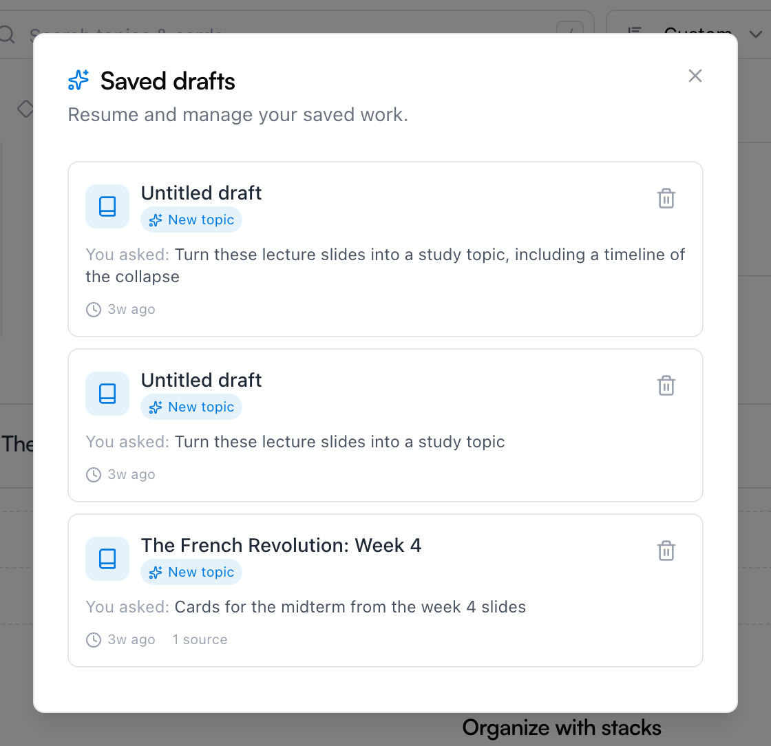 The Saved drafts dialog listing saved flow runs, each with a Resume arrow and a delete button