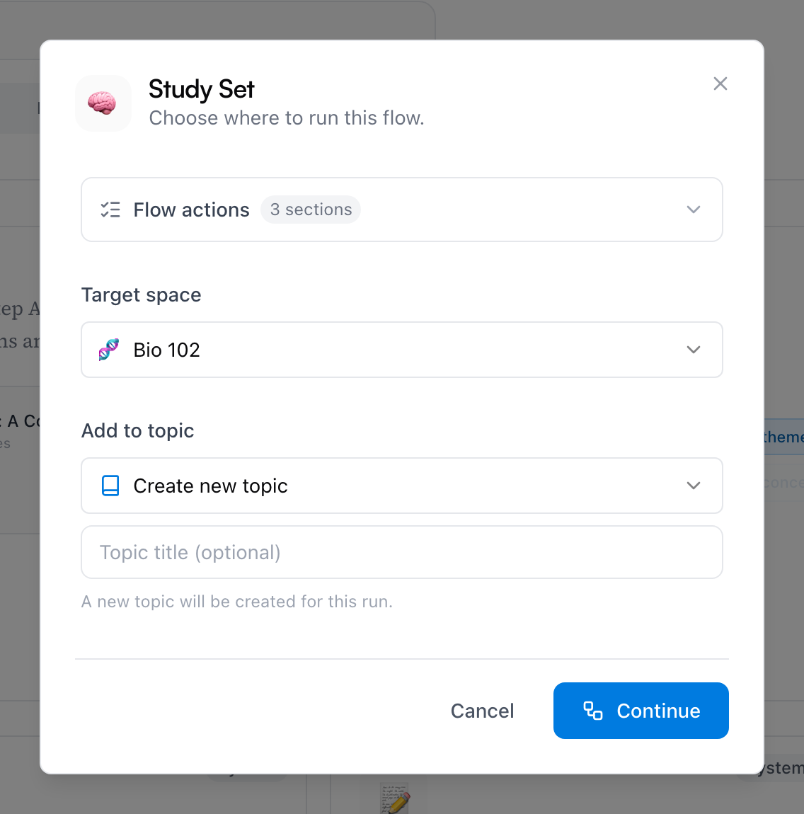 The run window for the Study Set flow — the Flow actions preview, Target space, and Add to topic set to Create new topic