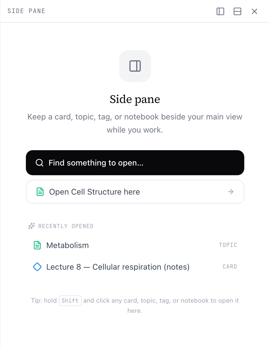 The empty side pane — a search button, a shortcut to open the current topic, and a list of recently opened items