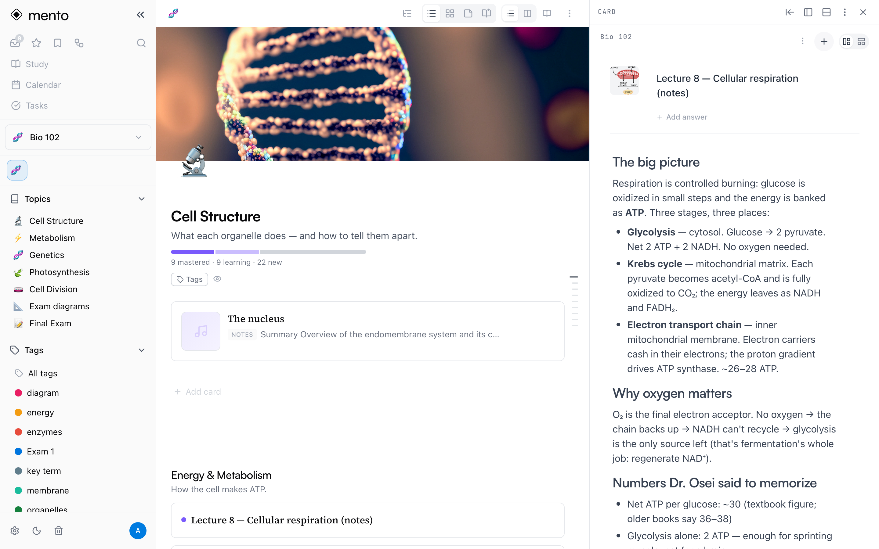 A topic page with the side pane open beside it, showing a card from another part of the course