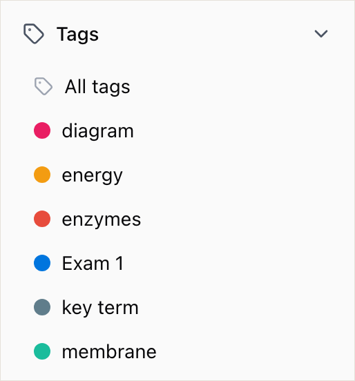 The sidebar's Tags section — All tags on top, then each tag with its color dot