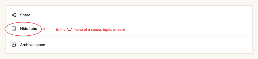 The space's ⋯ menu with the Hide tabs row circled in red