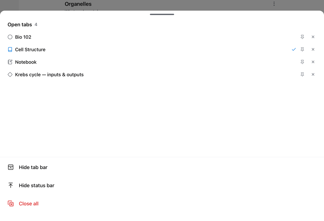 The Open tabs sheet, listing four tabs with pin and close controls, and Hide tab bar, Hide status bar, and Close all at the bottom