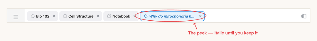 The tab bar with an open card's pill circled in red: it renders in italics because it is a peek