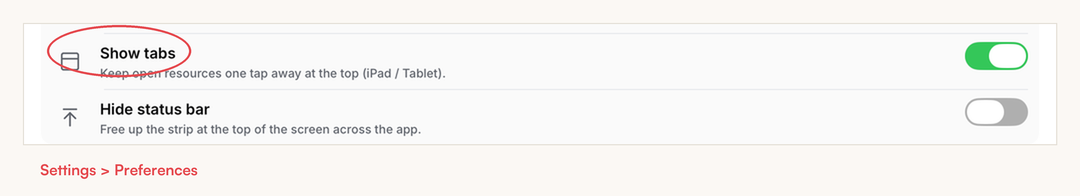The Settings screen's Preferences section with the Show tabs switch circled in red