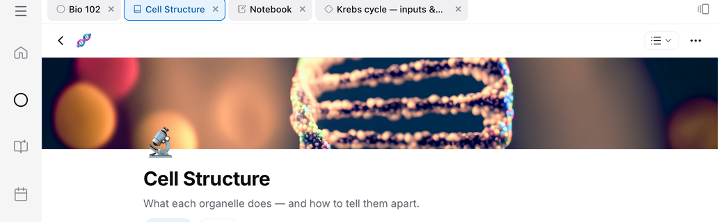 The tab bar on an iPad: pills for the Bio 102 space, the Cell Structure topic, a notebook, and a card