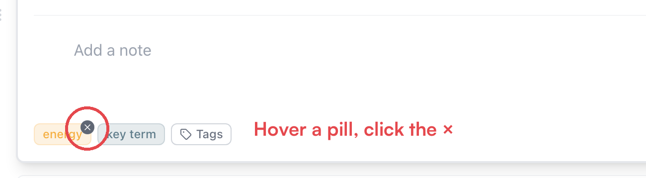 The card's tag pills with the remove button showing on the energy pill