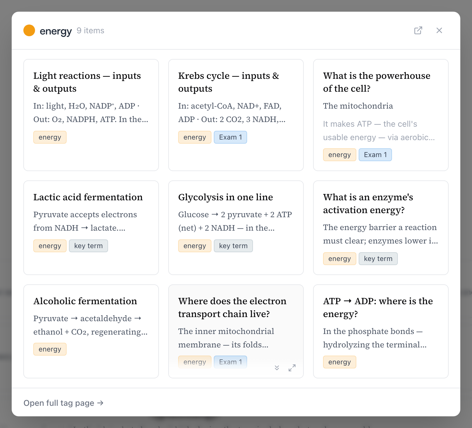 The quick view for the energy tag — nine cards in a grid, with Open full tag page at the bottom