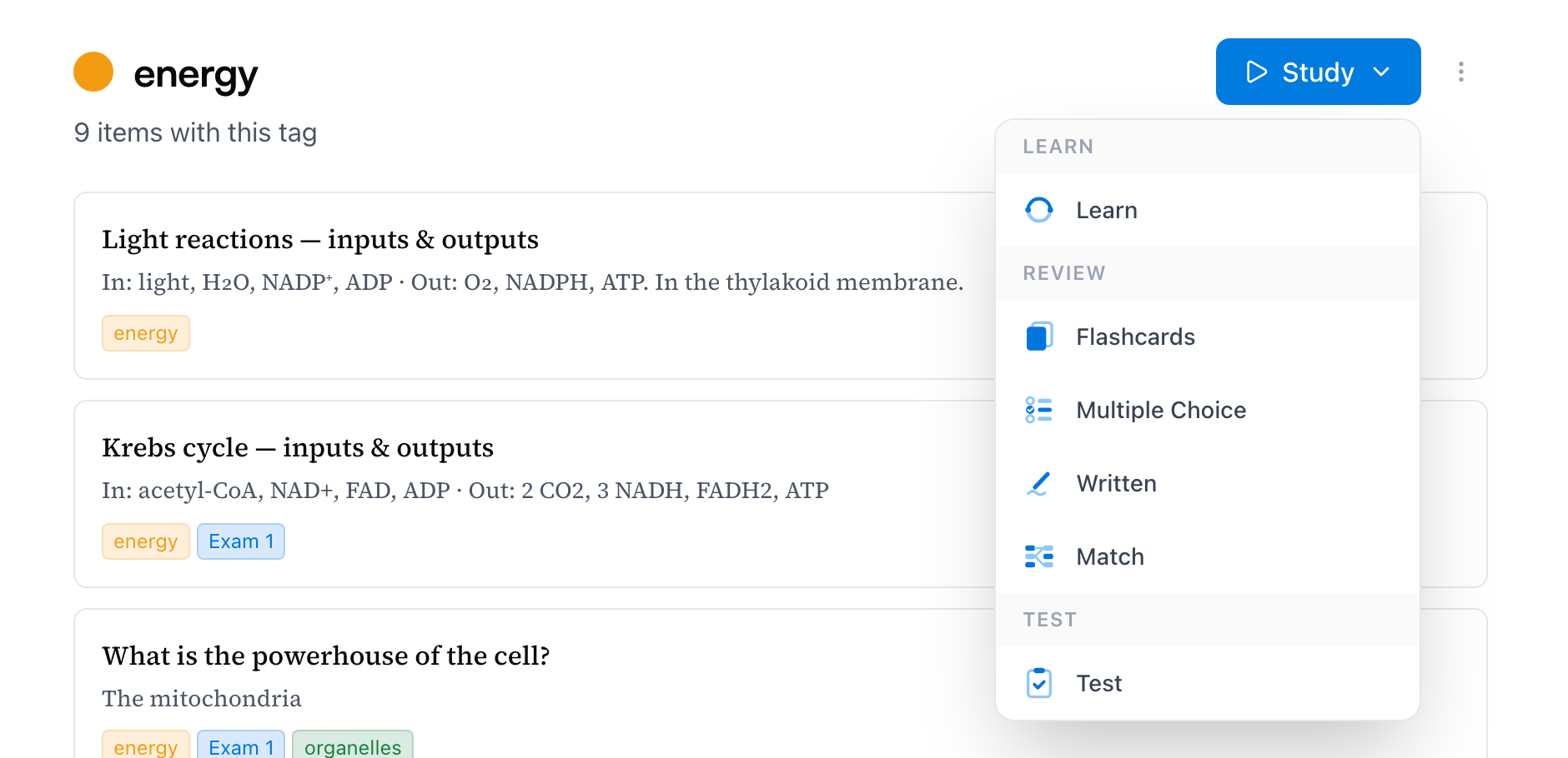 The Study button on the energy tag's page with its mode menu open — Learn, Flashcards, Multiple Choice, Written, Match, and Test