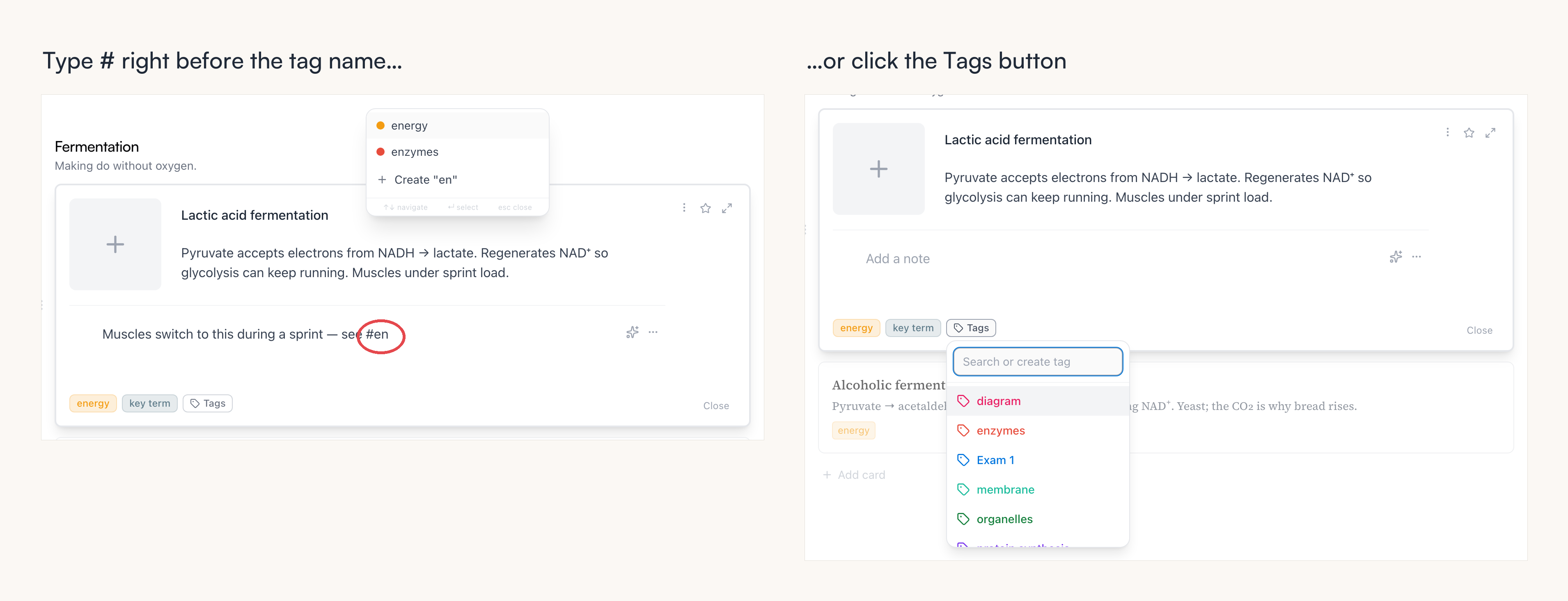 Side by side: typing # in a card's notes opens the tag menu at the cursor, and clicking the card's Tags button opens a search-or-create dropdown