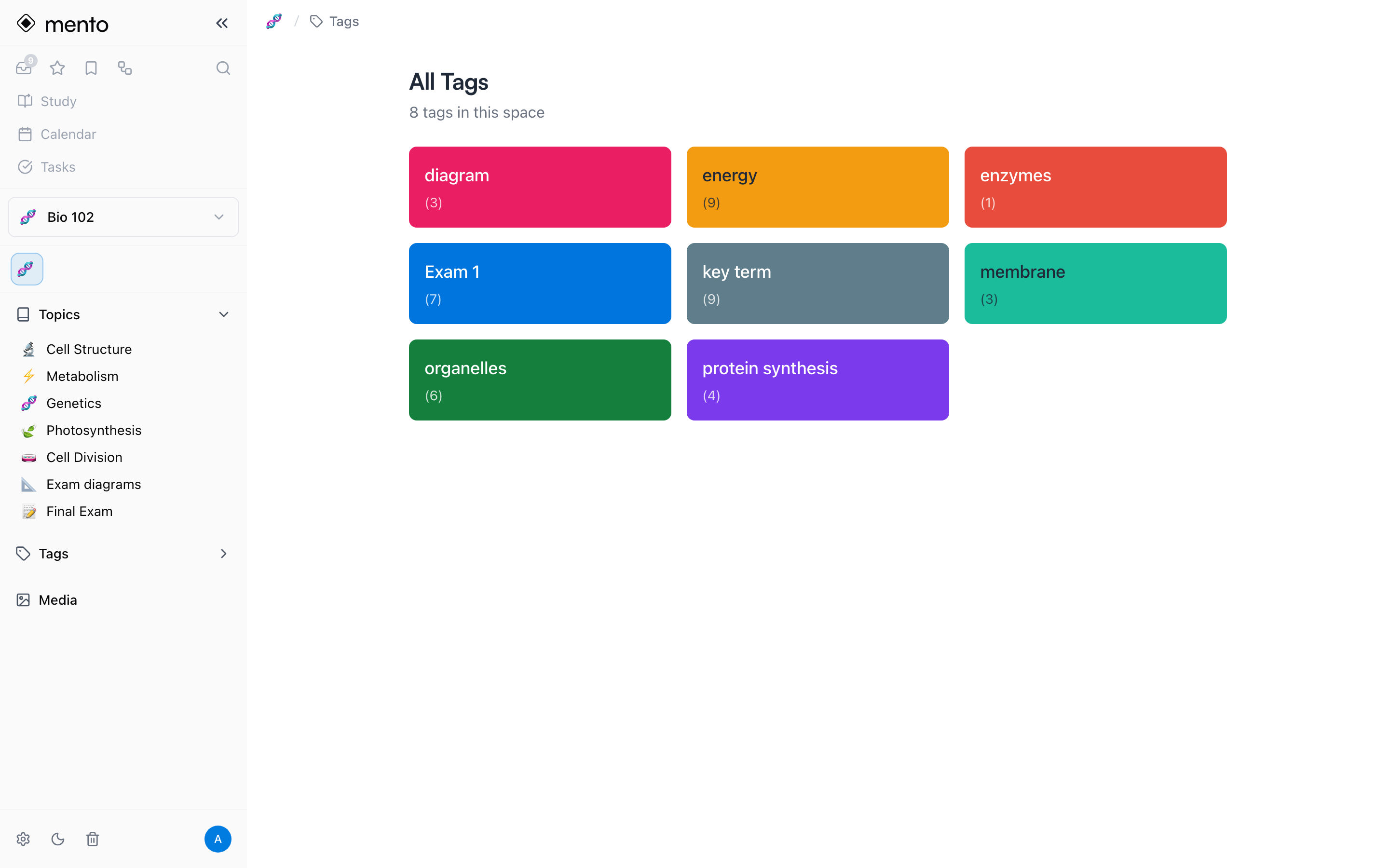 The All Tags page — a colored grid of the space's eight tags