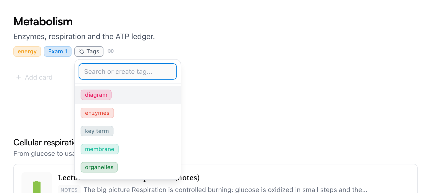 The Metabolism topic's header with energy and Exam 1 tags, and the Tags dropdown open