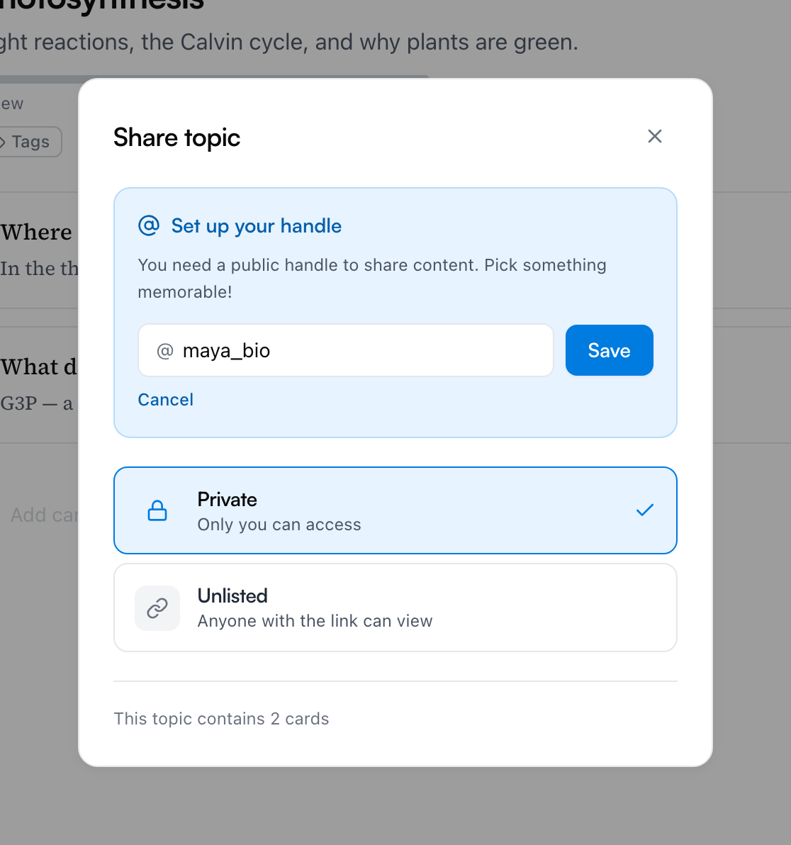 The Share topic dialog asking you to set up your handle, with a handle typed into the input