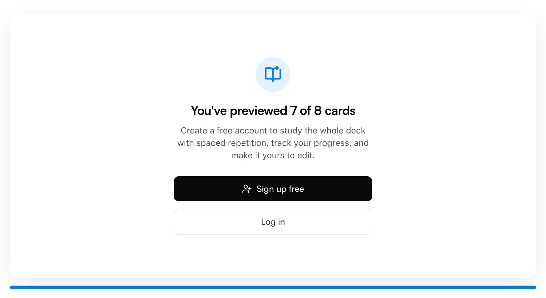 After previewing seven cards, the flashcard preview shows a sign-up gate: create a free account to study the whole deck