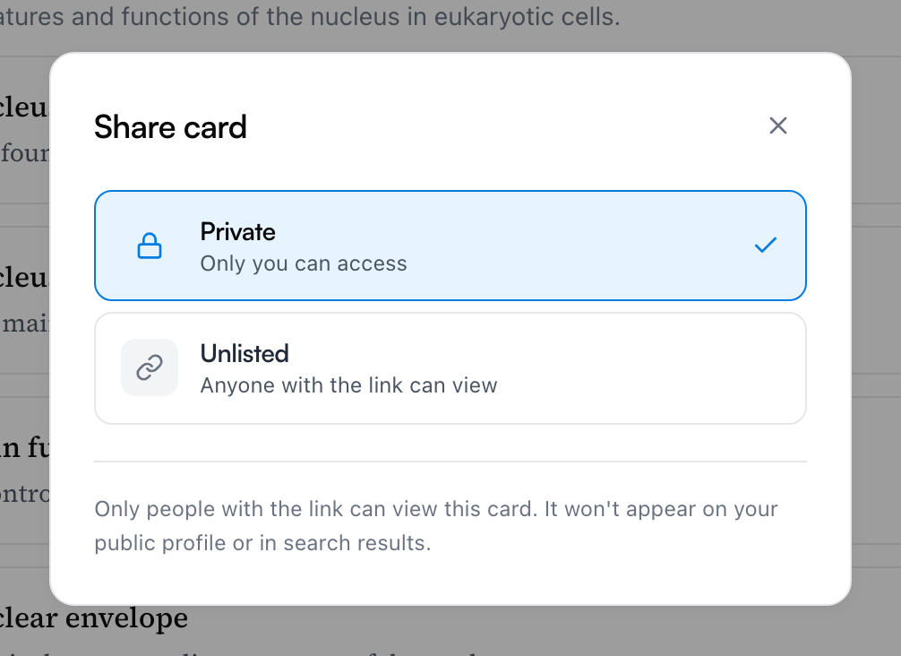 The Share card dialog: Private and Unlisted options, with a note that only people with the link can view the card