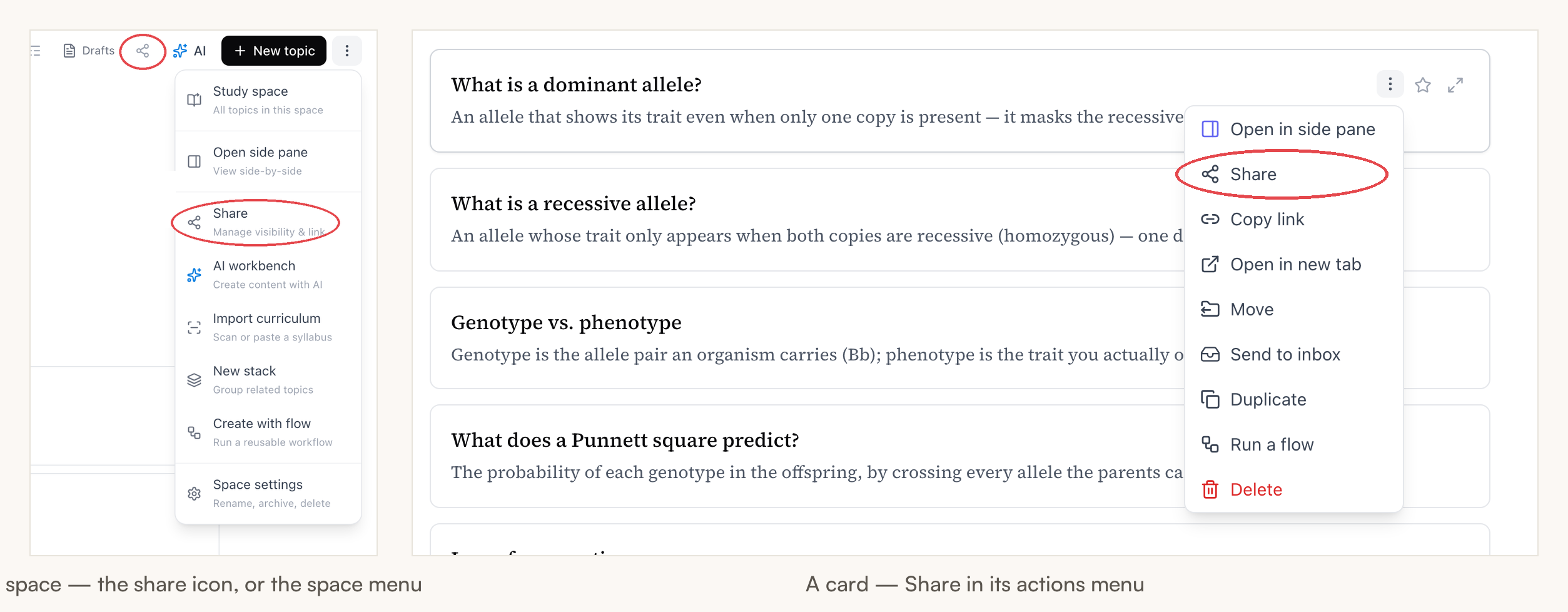 Left: a space page's top bar with the share icon and space menu's Share entry circled. Right: a card's actions menu with Share circled