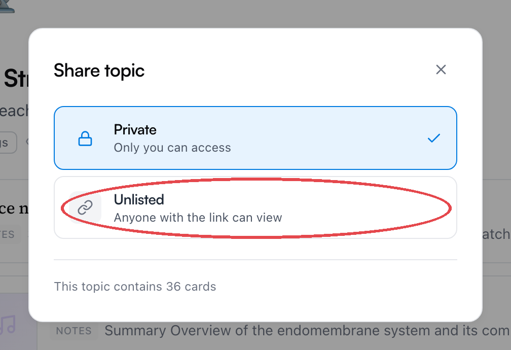 The Share topic dialog with Private selected and the Unlisted option circled, and a footer noting the topic contains 36 cards