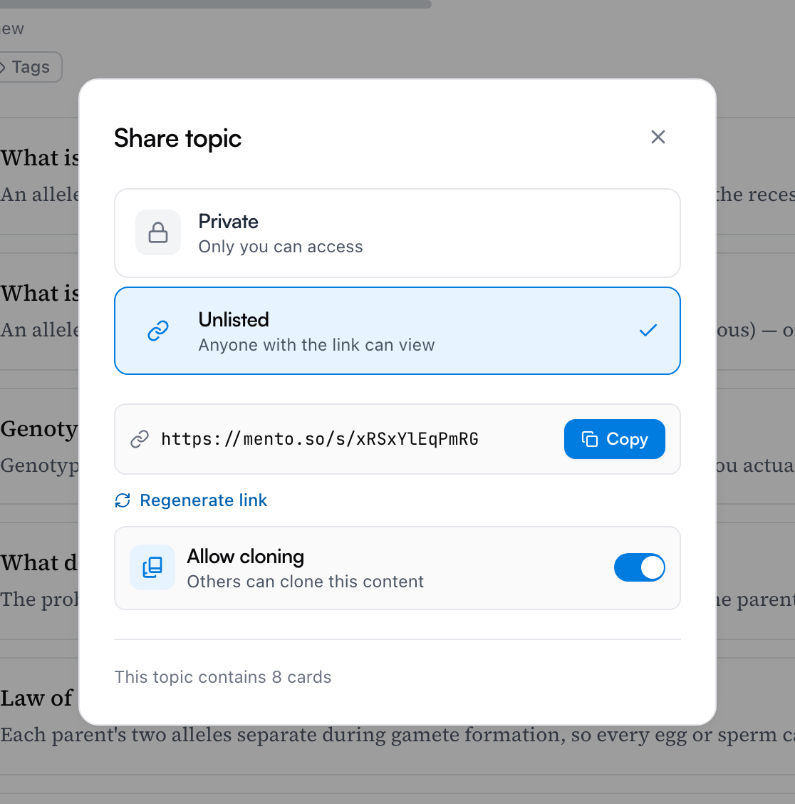 The Share topic dialog switched to Unlisted: the share link with a Copy button, a Regenerate link action, and the Allow cloning toggle