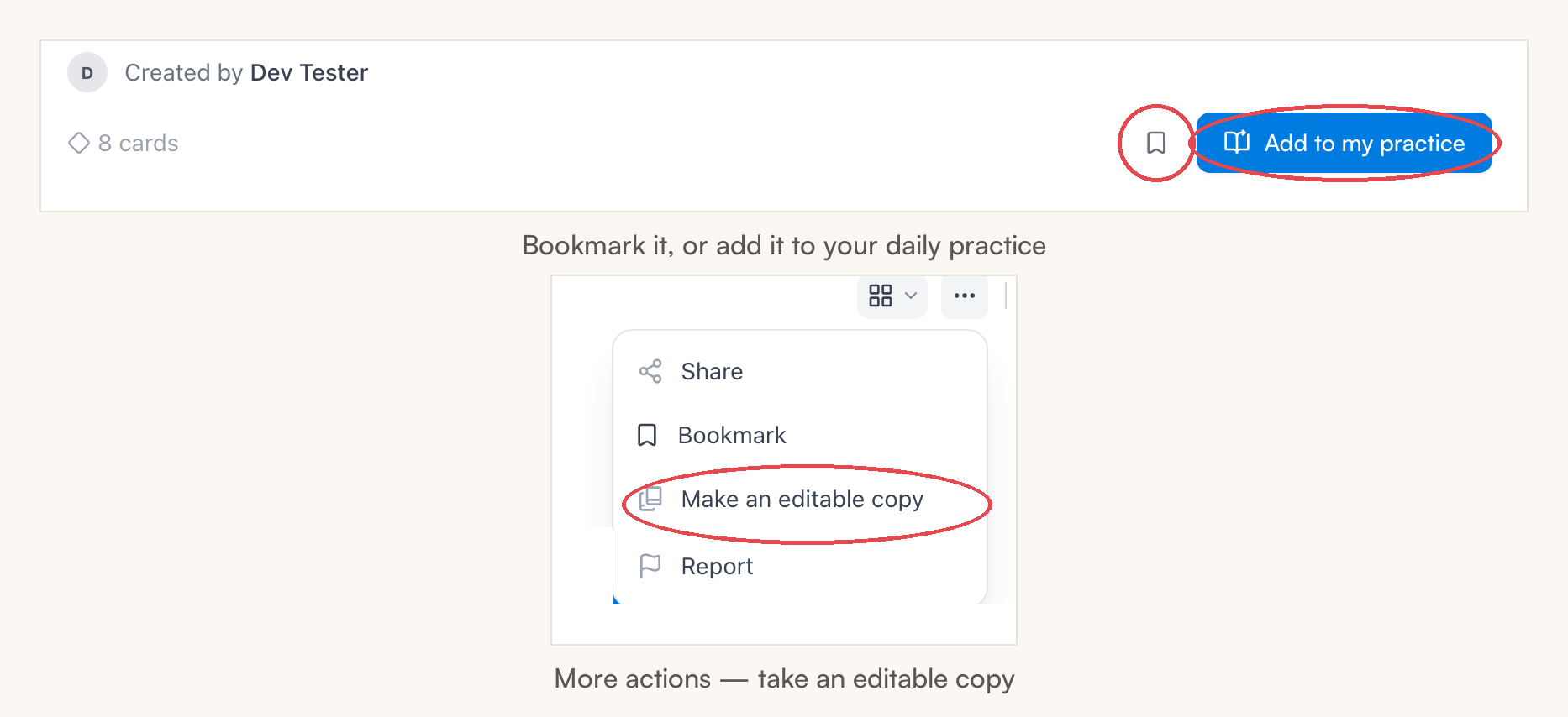Top: the shared page's Bookmark and Add to my practice buttons circled. Bottom: the More actions menu with Make an editable copy circled