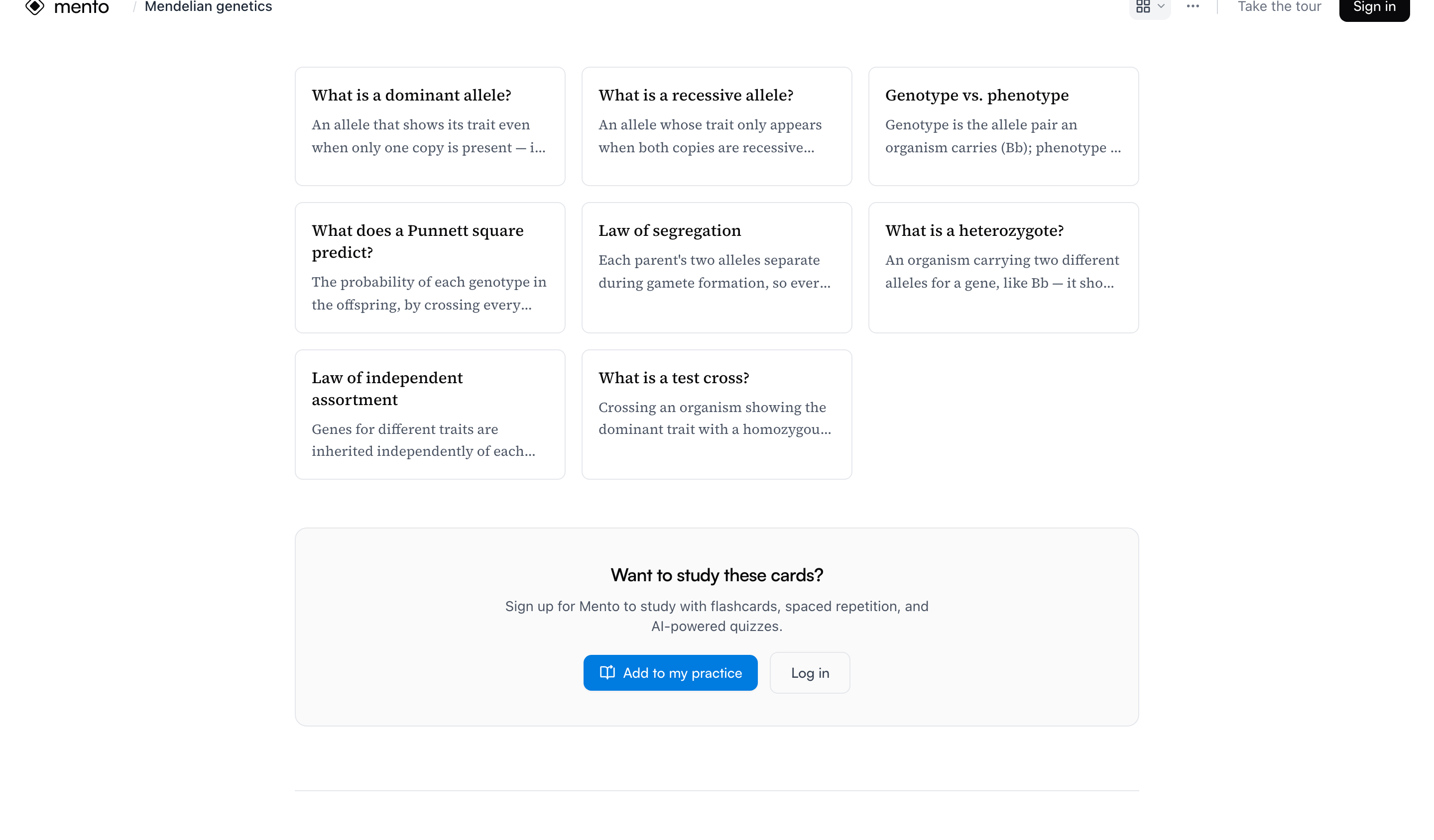 Further down the shared page, every card is listed in a grid, followed by a "Want to study these cards?" sign-up prompt