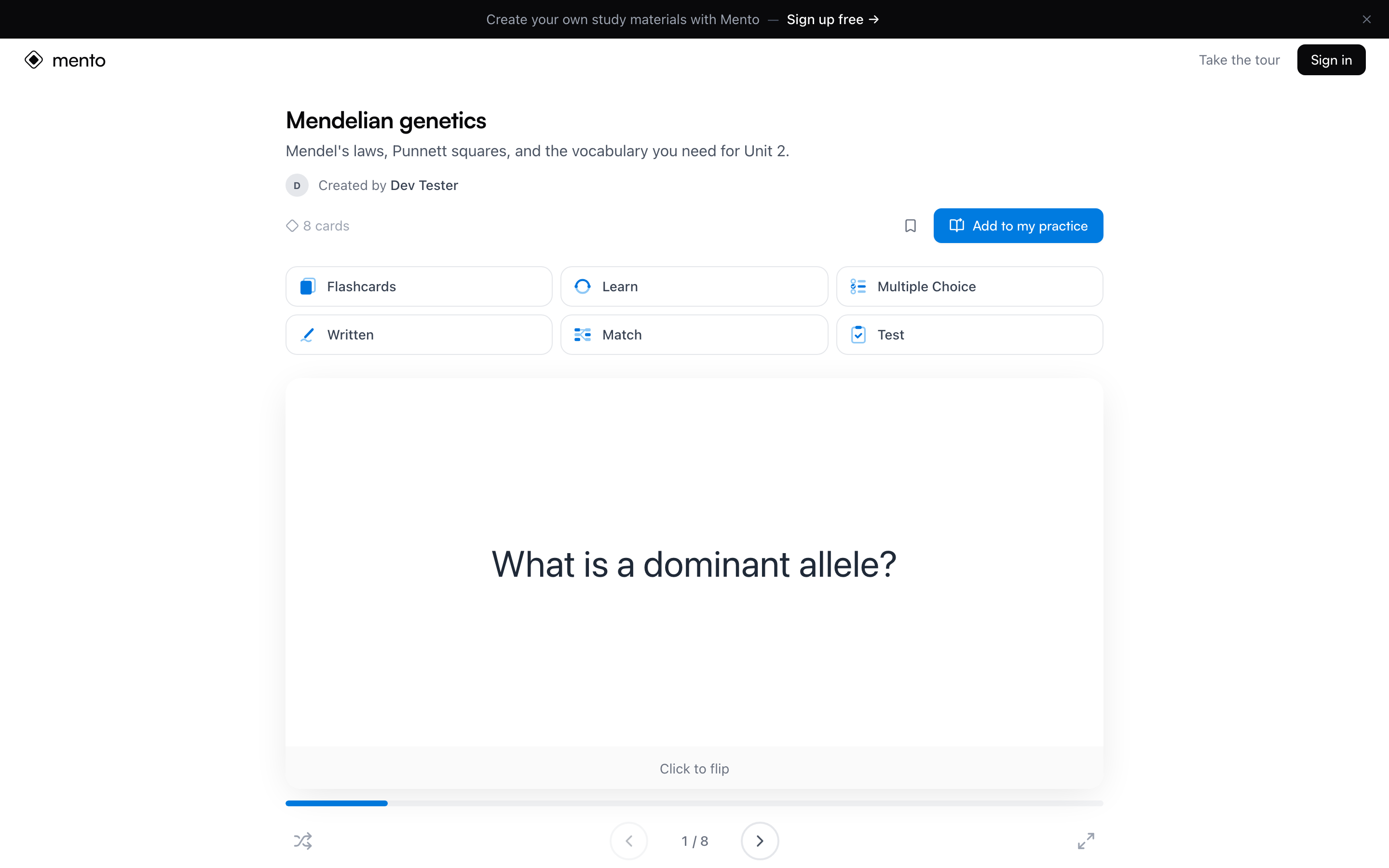 A shared topic as a logged-out visitor sees it: title, card count, study mode buttons, and a flashcard preview